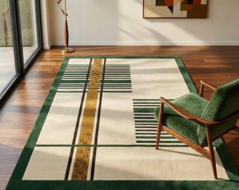 Mid Century Modern Geometric Area Rug Green Cream Gold Striped Carpet for Living Room Bedroom Decor