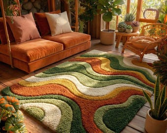 Hand Tufted Wavy Area Rug – Orange & Green Retro Boho Shag Rug for Living Room