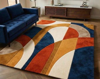 Handmade Mid-Century Abstract Area Rug, Curved Geometric Wool Rug, Housewarming Gift