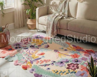 Pastel Floral Area Rug, Hand Tufted Botanical Carpet, Scalloped Edge Rug, Colorful Flower Rug for Living Room, Bedroom Decor