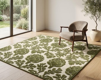 Artichoke Botanical Tufted Rug, Green Floral Area Rug, Farmhouse Living Room Carpet, Nature Inspired Cottagecore Decor, Garden Accent Rug