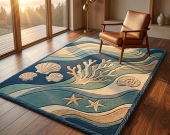 Ocean Wave Coastal Area Rug Nautical Sea Life Carpet with Flowing Blue Waves, Coral Reef & Seashell Design – Beach House Living Room Rug