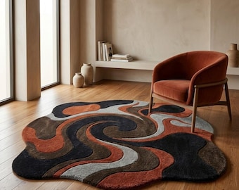 Abstract Swirl Tufted Area Rug, Irregular Shape Modern Mat, Retro Organic Carpet, Artistic Living Room Home Decor