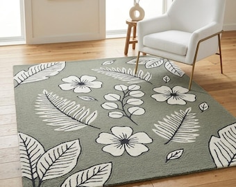 Sage Green Botanical Hand Tufted Rug, Floral Leaf Area Rug, Handmade Nature Rug, Modern Green Rug for Living Room Bedroom