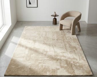 Cream Plush Area Rug, Soft Neutral Living Room Carpet, Modern Minimalist Bedroom Rug, Cozy Home Decor