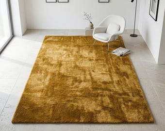 Mustard Gold Hand Tufted Rug, Modern Minimalist Solid Wool Mat, Neutral Living Room Carpet Decor