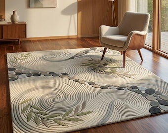 Zen Garden Tufted Area Rug, Japanese Inspired Stone Path Mat, Bamboo Swirl Living Room Carpet Decor