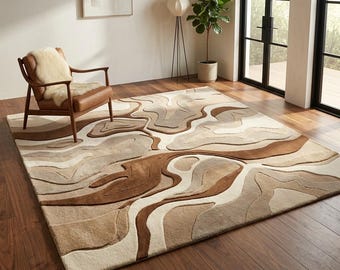 Modern Abstract Earth Tone Area Rug Beige Brown Cream Organic Wave Pattern Carpet for Living Room, Bedroom, Office, Plush Indoor Floor Rug