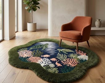 Ocean Reef Tufted Area Rug, Sea Turtle Coral Rug, Coastal Marine Life Carpet, Irregular Shaped Ocean Floor Decor