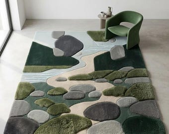 Nature Inspired River Stone Area Rug, Sculpted Moss Green Pebble Carpet, Japandi Modern Living Room Rug