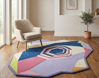 Geometric Irregular Rug, Colorful Hand Tufted Wool Area Rug, Abstract Modern Rug for Living Room, Bedroom, Nursery Decor