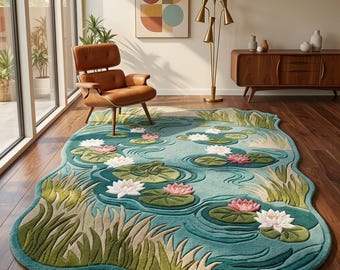 Lily Pond Tufted Area Rug, Irregular Lotus Flower Mat, Water Garden Shaped Carpet, Nature Inspired Home Decor