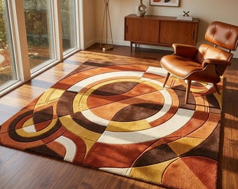 Mid Century Modern Abstract Area Rug, Retro Geometric Carpet, Terracotta Brown Living Room Decor Rug