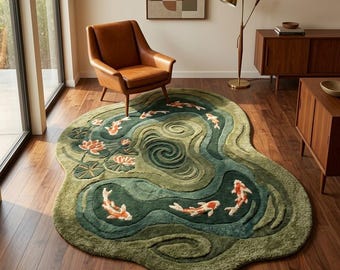Koi Pond Tufted Rug, Irregular Fish Area Mat, Zen Nature Carpet, Green Water Inspired Decor For Living Room , Bedroom , Hallway Home Decor