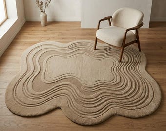Abstract Organic Shape Tufted Rug, Modern Wavy Area Rug, Neutral Beige Carpet, Minimalist Living Room Decor, Scandinavian Accent Rug