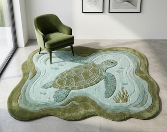 Sea Turtle Ocean Area Rug Coastal Marine Life Shaped Carpet, Soft Non-Slip Living Room Rug, Nautical Beach Theme Floor Mat for Home Décor