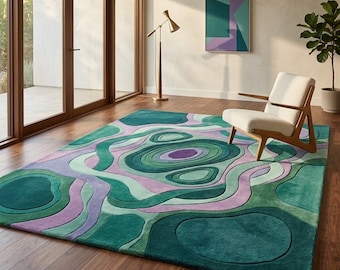 Handmade Retro Wool Rug | Colorful Mid-Century Modern Abstract Design Carpet | Decor For Living Room , Bedroom