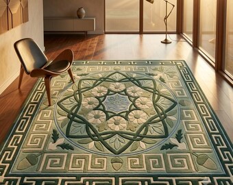 Geometric Medallion Tufted Rug, Teal Greek Key Area Mat, Luxury Living Room Carpet, Elegant Home Decor