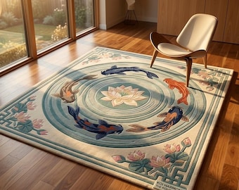 Japanese Koi Fish Lotus Pond Area Rug Zen Inspired Oriental Water Garden Carpet  Decorative Floral Living Room Rug with Koi Circle Design