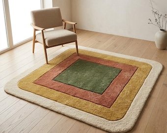 Modern Geometric Area Rug, Colorful Hand Tufted Rug, Mid Century Rounded Rug, Green Terracotta Mustard Boho Rug