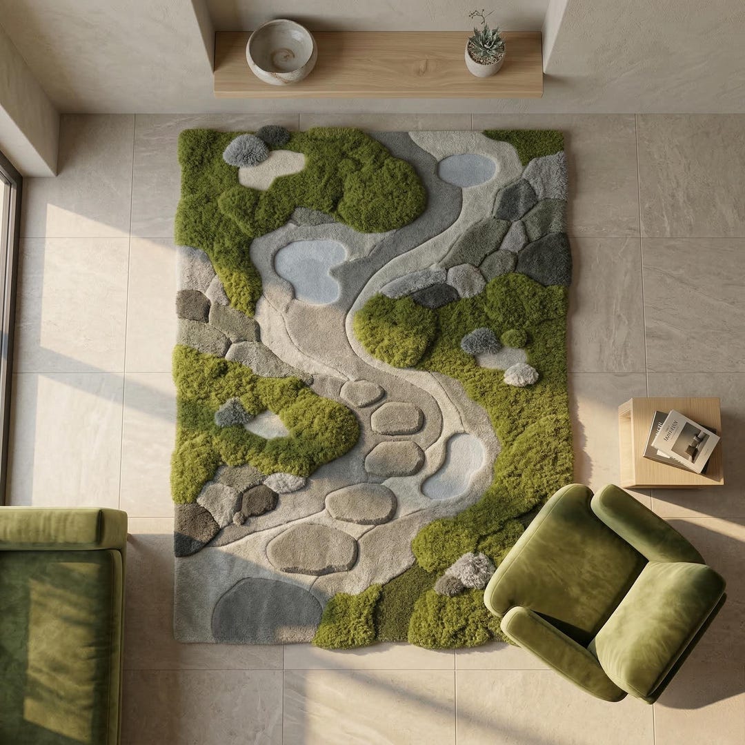 Hand Tufted Pebble Path Wool Rug, Moss Green Blue Abstract Stone Design ...
