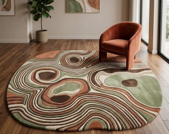 Abstract Contour Tufted Area Rug, Organic Shape Topographic Rug, Sage Green Terracotta Modern Living Room Carpet
