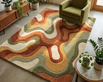Retro Wave Wool Rug Hand Tufted Mid Century Abstract Area Rug Burnt Orange MCM Rug