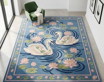 Swan Lotus Pond Tufted Rug, Water Lily Area Rug, Cottagecore Farmhouse Carpet, Blue Botanical Living Room Rug, Nature Inspired Floral Decor