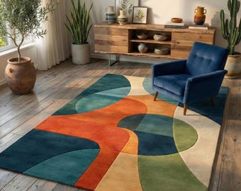 Abstract Curved Pattern Wool Rug, Mid-Century Style Area Rug with Bold Color Blocks