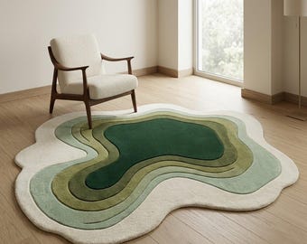 Organic Shape Tufted Area Rug, Abstract Green Contour Carpet, Modern Japandi Scandinavian Living Room Home Decor