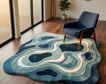 Abstract Flow Area Rug Blue Wave Contour Designer Carpet for Contemporary Living Room, Artistic Fluid Shape Floor Mat for Stylish Interiors