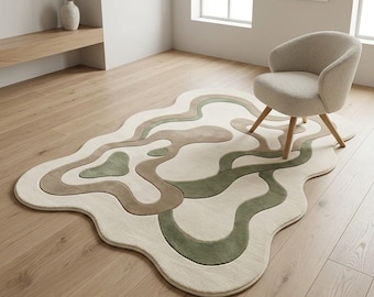 Organic Irregular Shape Area Rug, Abstract Contour With Green Brown Beige Wavy Mat, Modern Scandinavian Neutral Living Room Home Decor