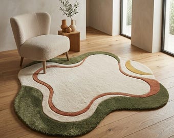 Green Organic Shape Rug, Cream Irregular Area Rug, Abstract Wavy Tufted Rug, Moss Green Accent Rug, Modern Living Room Rug