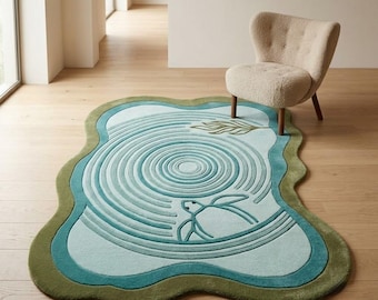 Organic Zen Garden Rug, Irregular Shape Hand Tufted Wool Rug, Blue Green Sculpted Area Rug for Living Room & Bedroom