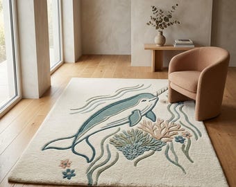 Narwhal Ocean Rug, Handmade Tufted Whale Carpet, Kids Room Sea Life Rug, Coastal Nursery Area Rug, Custom Size Rug