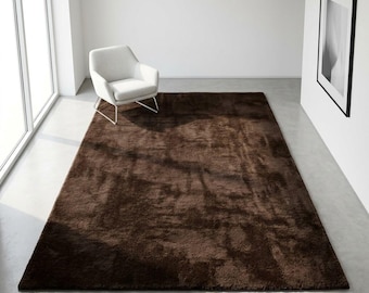 Chocolate Brown Shag Area Rug, Plush Soft Modern Carpet, Cozy Living Room Bedroom Decor, Washable Rug