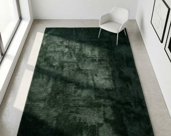 Dark Green Abstract Area Rug, Modern Marbled Carpet, Plush Living Room Rug, Contemporary Home Decor