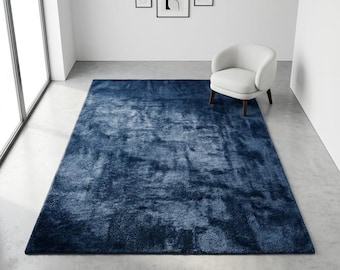 Blue Textured Abstract Area Rug - Slate Marbled Patterns Carpet - Stylish Living Room Decor-Navy Washable Mat-Anti-Slip Modern Area Rug