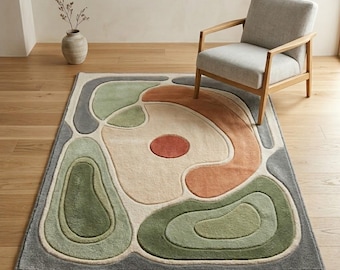 Abstract Tufted Area Rug, Modern Organic Shapes Carpet, Sage Green Terracotta Cream Nordic Boho Floor Decor