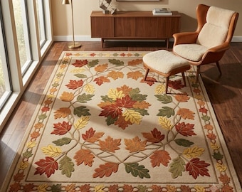 Autumn Maple Leaf Tufted Rug, Fall Area Mat, Farmhouse Carpet, Rustic Living Room Botanical Decor