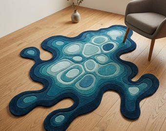 Blue Abstract Irregular Rug, Hand Tufted Teal Area Rug, Organic Shape Rug, Modern Living Room Rug, Coastal Floor Decor