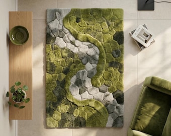 Handmade Tufted Wool Moss Rug 3D Forest Area Carpet, Custom Organic Shape Rug, Artificial Grass Rug for Kids Room & Living Space.