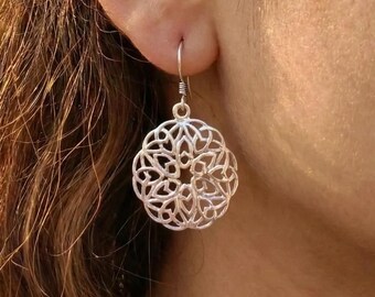925 sterlingzilveren mandala-oorbellen, ingewikkelde bloemenkanthanger, boho geometrische sieraden cadeau dames