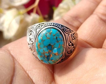 Handgemaakte blauw koperen turkoois ring 925 sterlingzilver boho statement sieraden Uniek jubileumcadeau