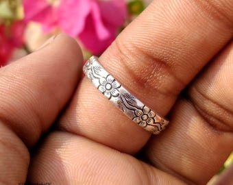 925 sterlingzilveren bloemenbandring geoxideerde bloem duim handgemaakte ring boho natuursieraden