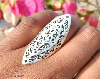 Boho 925 sterlingzilver filigraan marquise statement ring, grote gewaagde opengewerkte etnische ambachtelijke sieraden
