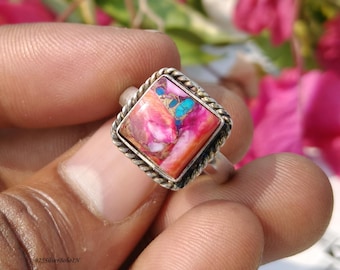 Roze mojave-turkooisring Boho sterlingzilveren statementring Unieke veelkleurige edelsteensieraden