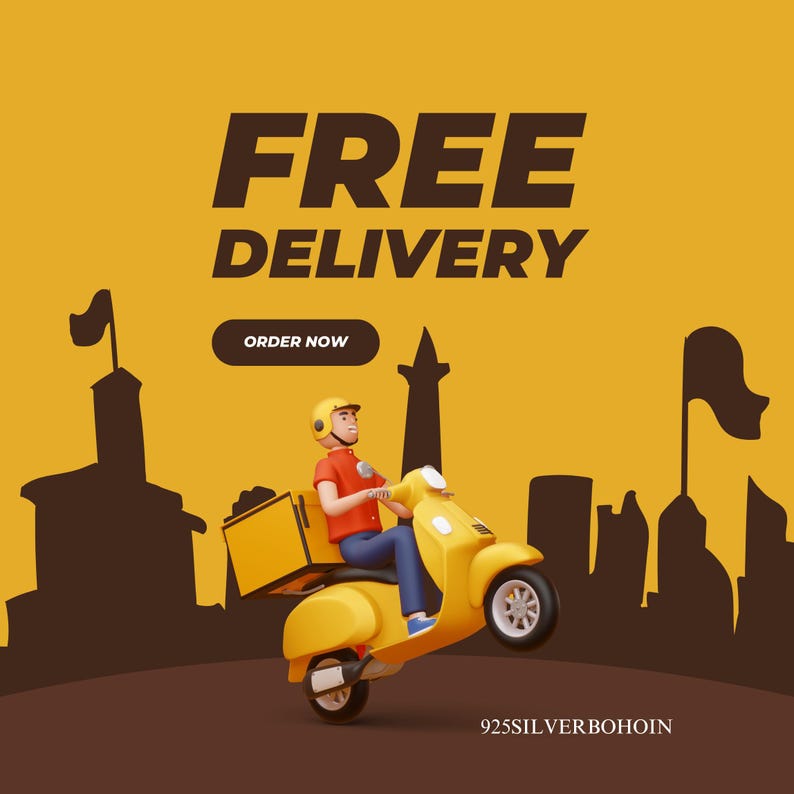Pu&ograve; includere: Uno scooter giallo con un fattorino, una scatola gialla e le parole "FREE DELIVERY" su sfondo giallo. Le parole "ORDER NOW" sono su un pulsante. Il testo "925SILVERBOHOIN" &egrave; in basso.
