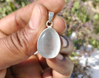 Satijnen spar-seleniethanger 925 sterlingzilveren ketting witte Cat Eye Edelsteengenezingssieraden