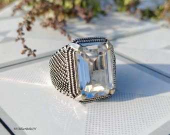 Handgemaakte sterlingzilveren statementring, grote smaragd geslepen bergkristal boho herenring